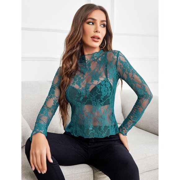 🆕Women’s Dark Blue Mesh Long Sleeve Mock Neck Sheer Floral Lace Top Blouse - Picture 4 of 7